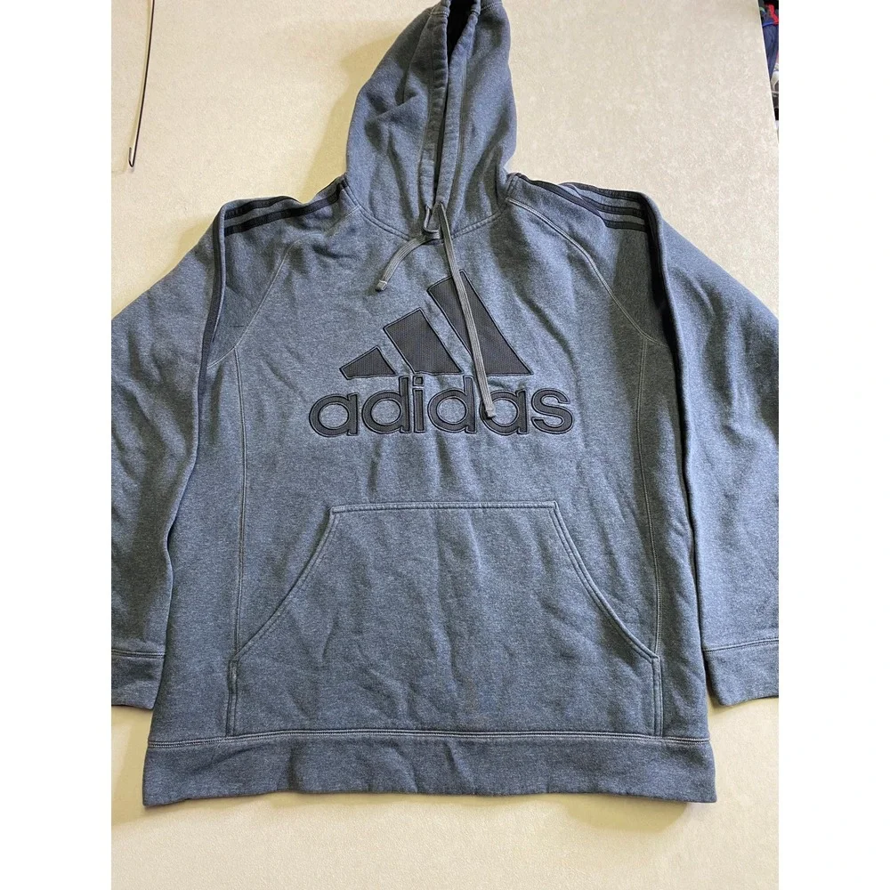 Adidas Mens Heather Gray Pullover Hoodie 3-Stripe Logo Sweatshirt Size L